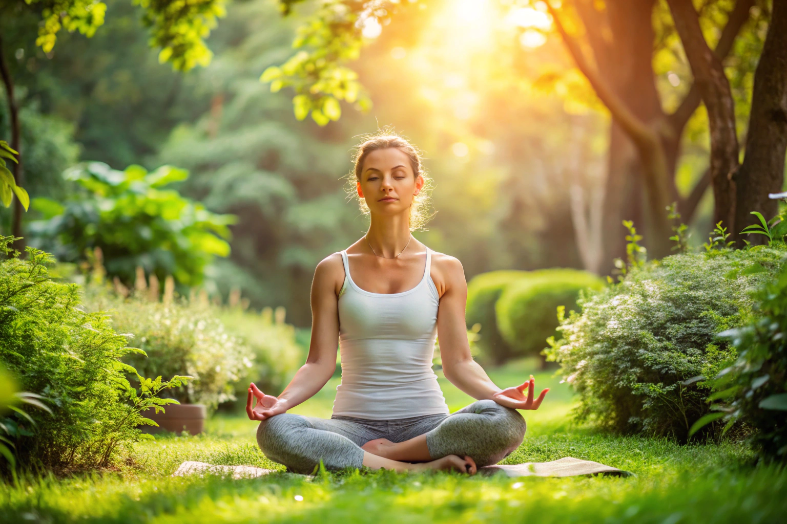 Persona en postura de yoga sentada con piernas cruzadas en un jardín tranquilo, con manos en las rodillas y ojos cerrados, respirando profundamente, rodeada de naturaleza verde y luz suave