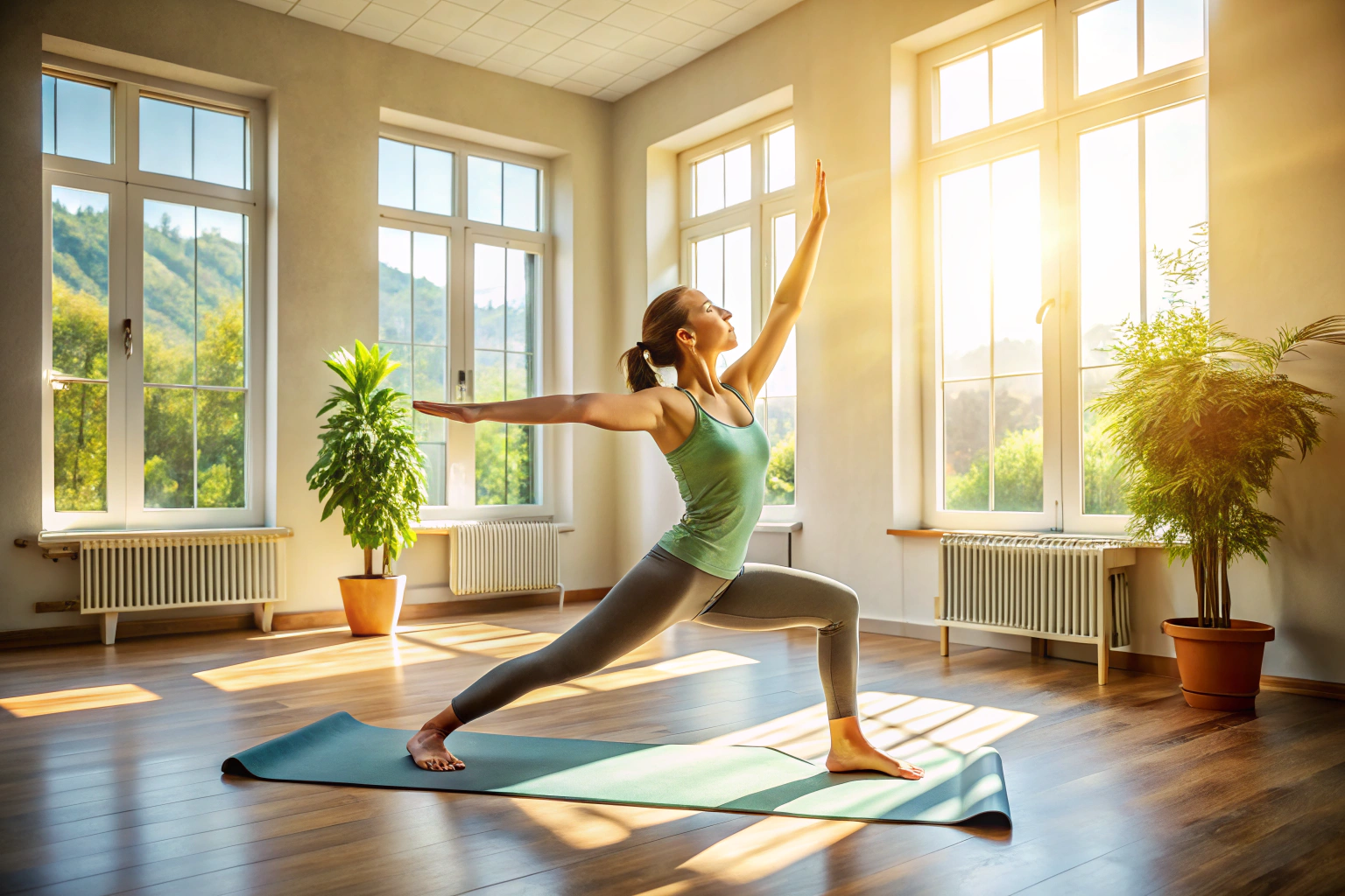Una persona realizando una postura de yoga en una habitación luminosa, con luz natural filtrándose a través de una ventana y una esterilla de yoga en el suelo, sin elementos de marca o texto