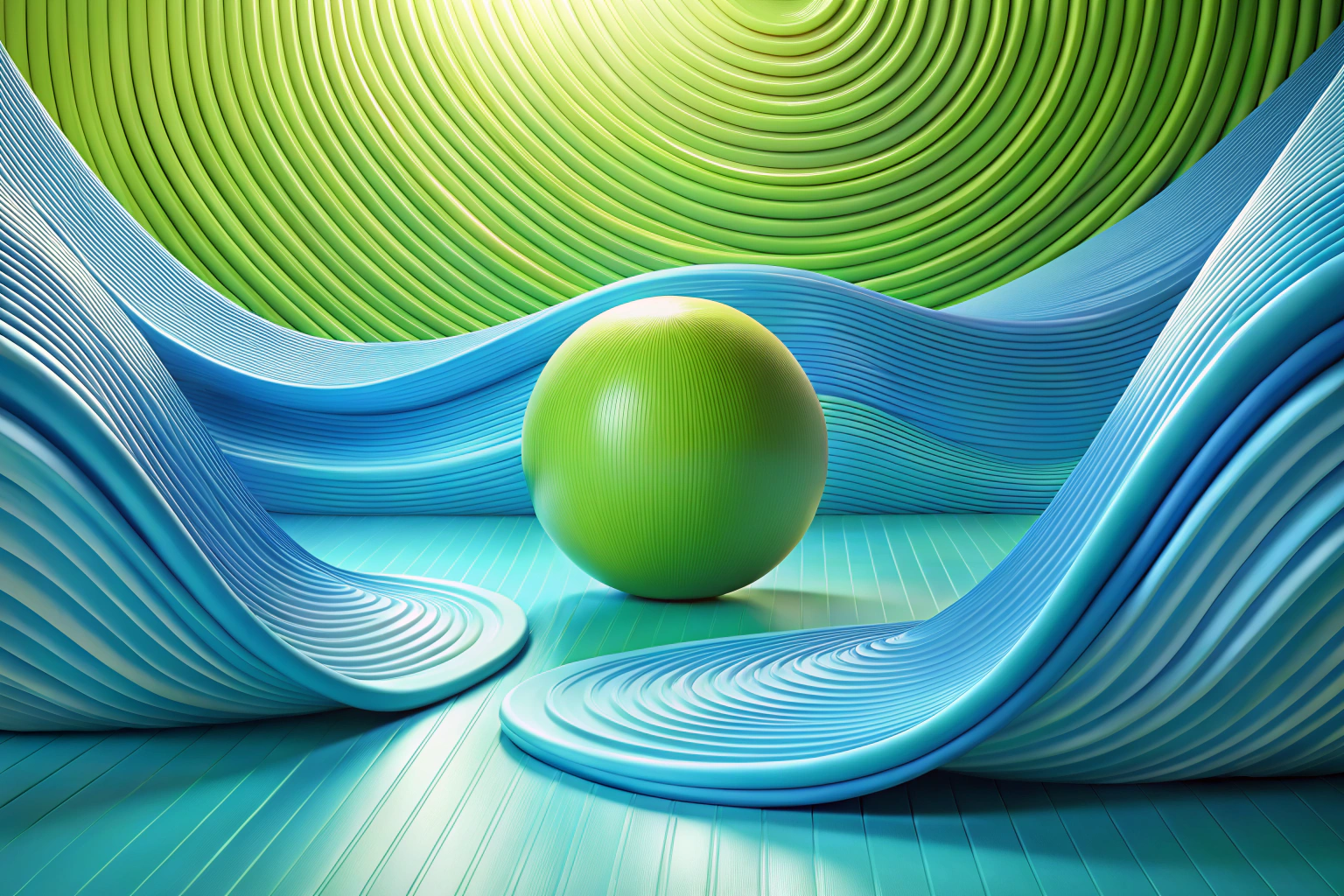 Una imagen abstracta que muestra formas suaves y onduladas en tonos azules representando el yoga, junto a líneas rectas y geométricas en verdes simbolizando el pilates, creando un contraste armonioso sin elementos reconocibles